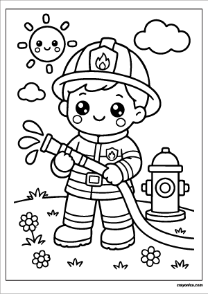 Cute Firefighter Coloring Page with a smiling firefighter character and cheerful rescue-themed scene