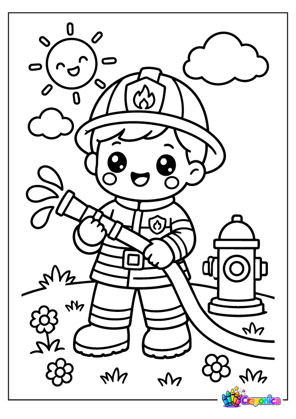 Cute young firefighter holding a hose with helmet coloring page for kids