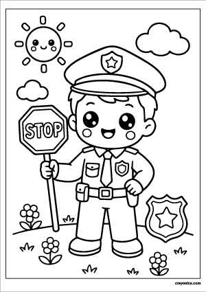 Cute Police Officer Coloring Page with a smiling police officer character and cheerful community helper scene