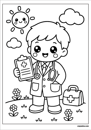 Cute Doctor Coloring Page with a smiling doctor character and cheerful healthcare-themed scene