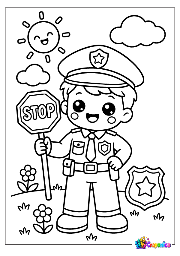 Cute police officer holding a stop sign coloring page for kids