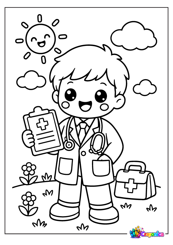 Cute young doctor with stethoscope and medical bag coloring page for kids