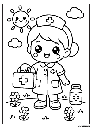Cute Nurse Coloring Page with a smiling nurse character and cheerful healthcare-themed scene