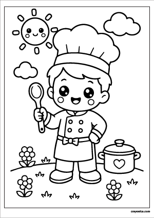 Cute Chef Coloring Page with a smiling chef character and cheerful cooking-themed scene