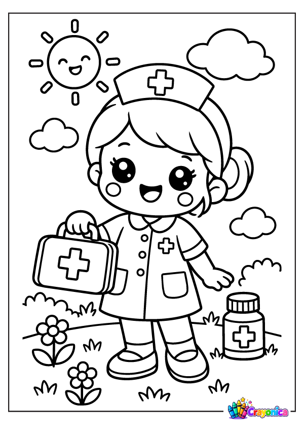Cute nurse holding a medical bag with supplies coloring page for kids