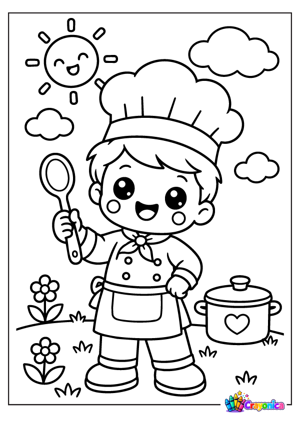 Cute young chef holding a spoon with cooking pot coloring page for kids