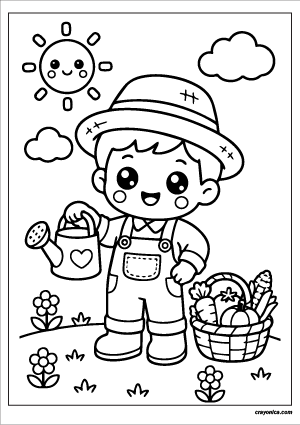 Cute Farmer Coloring Page with a smiling farmer character and cheerful farm-themed scene