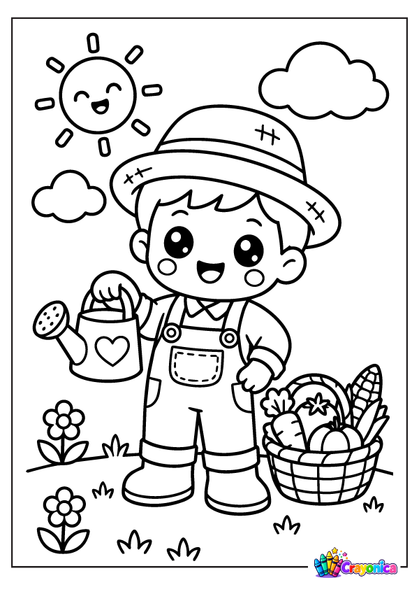 Cute farmer with watering can and basket of vegetables coloring page for kids