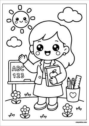 Cute Teacher Coloring Page with a smiling teacher character and cheerful school-themed scene