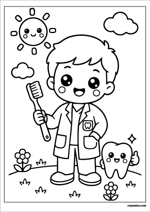 Cute Dentist Coloring Page with a smiling dentist character and cheerful dental-themed scene