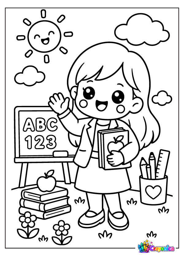 Cute teacher holding books beside an ABC and 123 board coloring page for kids