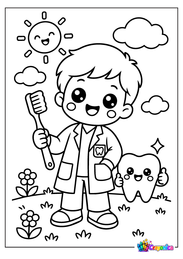 Cute dentist holding a toothbrush with a smiling tooth character coloring page for kids