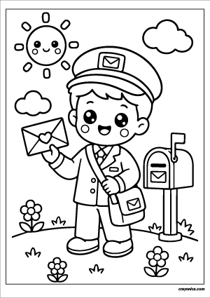 Cute Mail Carrier Coloring Page with a smiling mail carrier character and cheerful delivery-themed scene