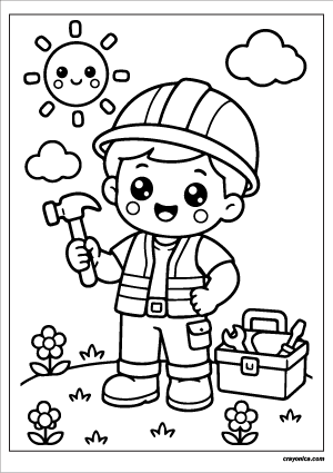 Cute Builder Coloring Page with a smiling builder character and cheerful construction-themed scene