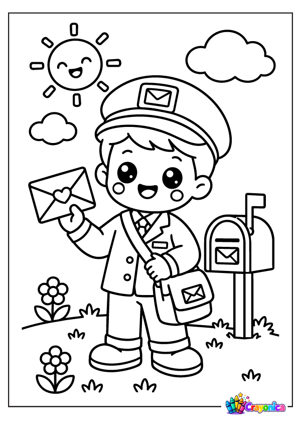 Cute mail carrier holding letters with a mail bag and mailbox coloring page for kids