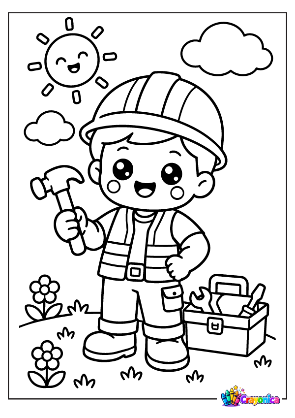 Cute young builder holding a hammer with tool box and safety helmet coloring page for kids