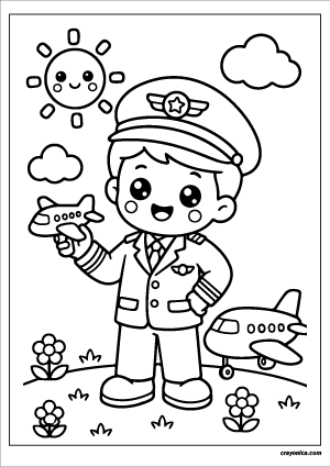 Cute Pilot Coloring Page with a smiling pilot character and cheerful aviation-themed scene