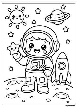 Cute Astronaut Coloring Page with a smiling astronaut character and cheerful space-themed scene