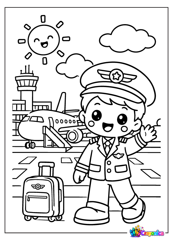 Cute pilot holding a small airplane with another plane in the background coloring page for kids