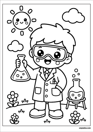 Cute Scientist Coloring Page with a smiling scientist character and cheerful science-themed scene