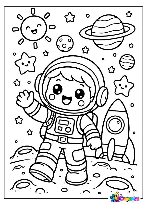 Happy astronaut standing on the moon with rocket, stars, and planets coloring page for kids