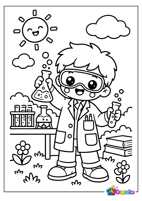 Cute young scientist wearing safety goggles with laboratory flask coloring page for kids