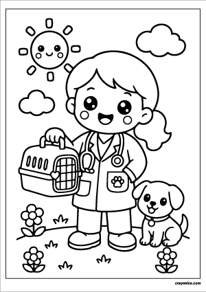 Cute Veterinarian Coloring Page with a smiling veterinarian character and cheerful animal care-themed scene