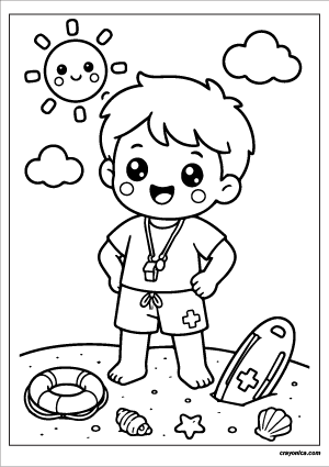 Cute Lifeguard Coloring Page with a smiling lifeguard character and cheerful beach safety-themed scene