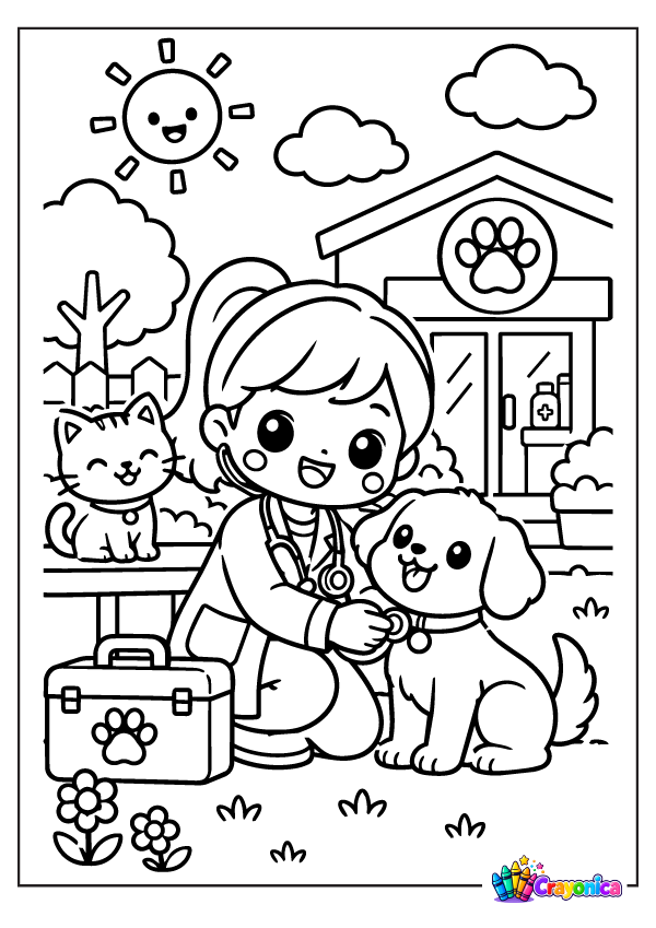 Cute veterinarian holding a pet carrier beside a puppy coloring page for kids