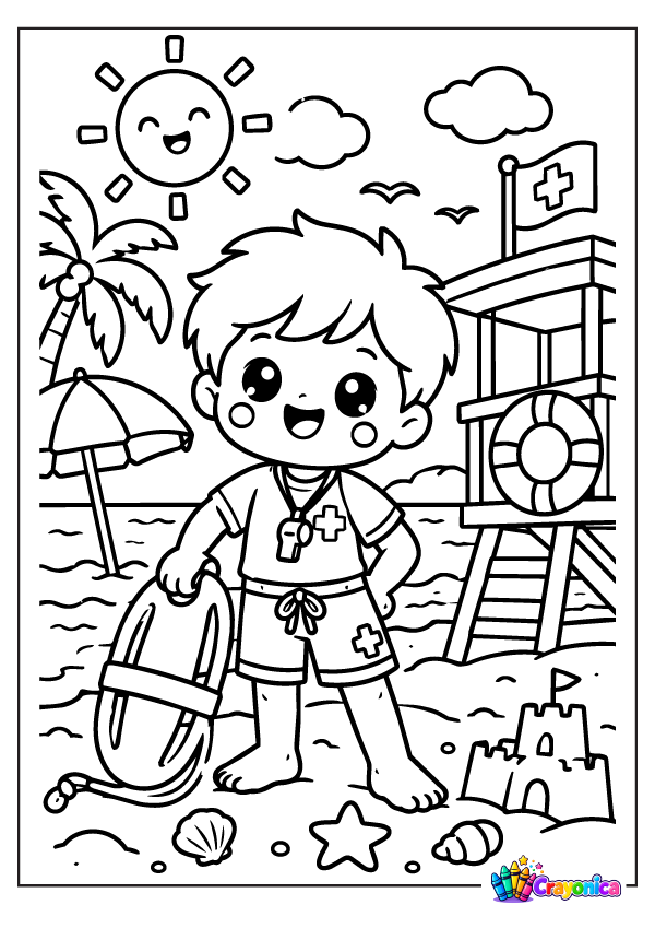 Cute lifeguard standing on the beach with rescue float and board coloring page for kids