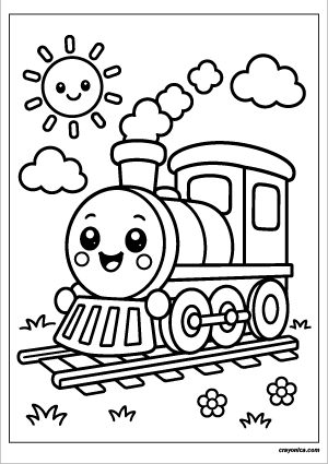 Cute Train Coloring Page with a smiling train character and cheerful transportation-themed scene