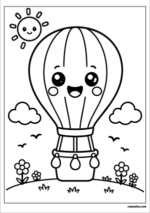 Cute Hot Air Balloon Coloring Page with a smiling balloon character and cheerful sky-themed scene