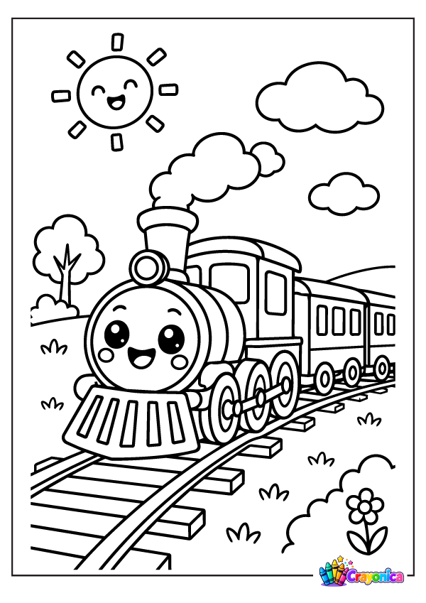 Cute smiling train traveling on railway tracks with clouds and flowers coloring page for kids