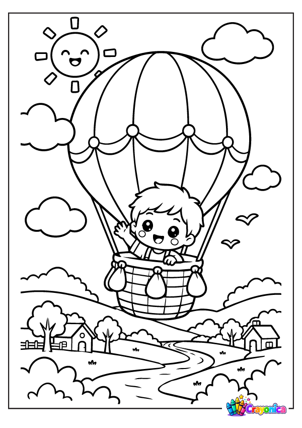 Cute hot air balloon with a smiling face floating above clouds coloring page for kids