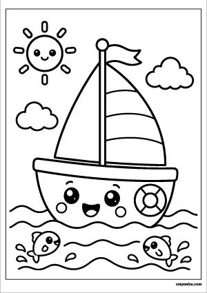 Cute Sailboat Coloring Page with a smiling sailboat character and cheerful ocean-themed scene
