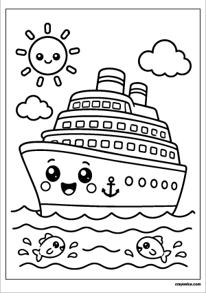 Cute Cruise Ship Coloring Page with a smiling cruise ship character and cheerful ocean-themed scene