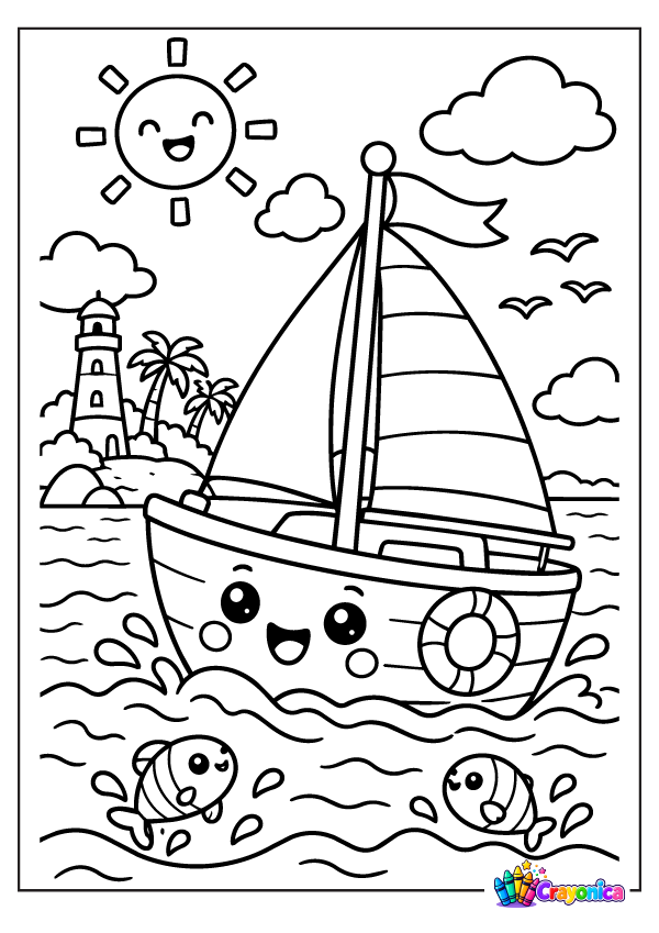 Cute sailboat with smiling face sailing on waves with fish coloring page for kids