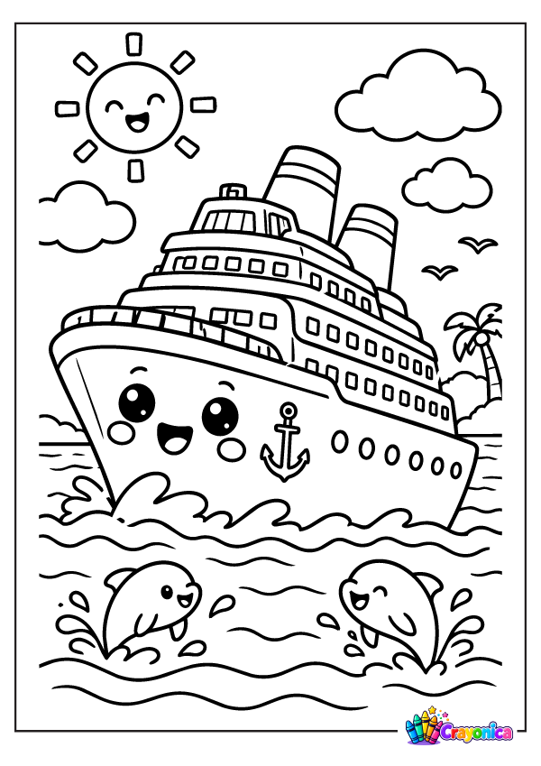Cute cruise ship with smiling face sailing on ocean waves with fish coloring page for kids