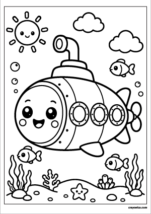 Cute Submarine Coloring Page with a smiling submarine character and cheerful underwater-themed scene
