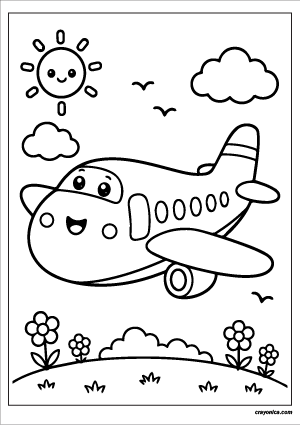 Cute Airplane Coloring Page with a smiling airplane character and cheerful sky-themed scene