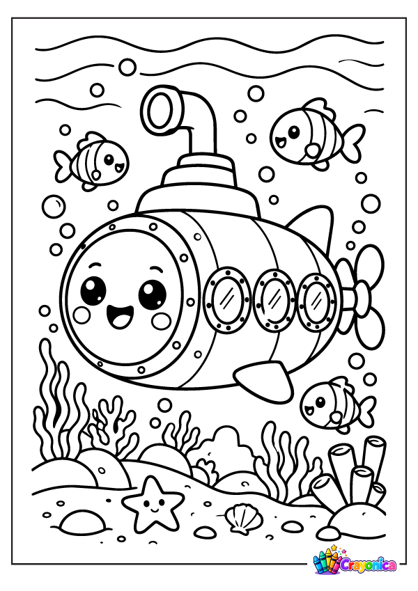 Cute smiling submarine exploring underwater with fish, bubbles, and sea plants coloring page for kids