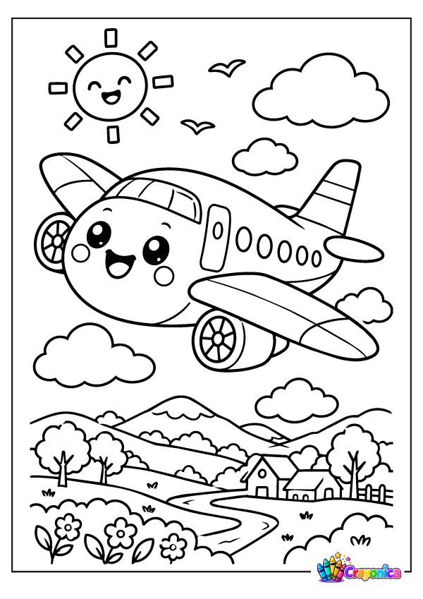 Cute smiling airplane flying above flowers and clouds coloring page for kids