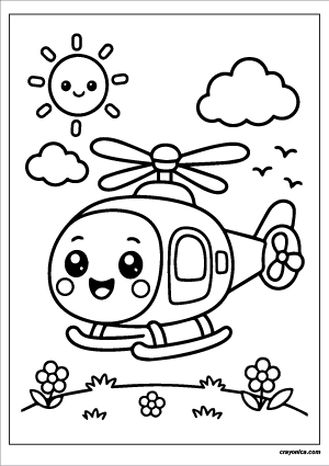 Cute Helicopter Coloring Page with a smiling helicopter character and cheerful sky-themed scene