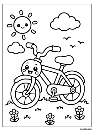 Cute Bicycle Coloring Page with a smiling bicycle character and cheerful outdoor-themed scene