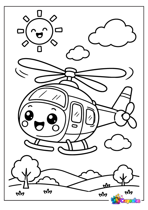 Cute smiling helicopter flying above flowers and clouds coloring page for kids