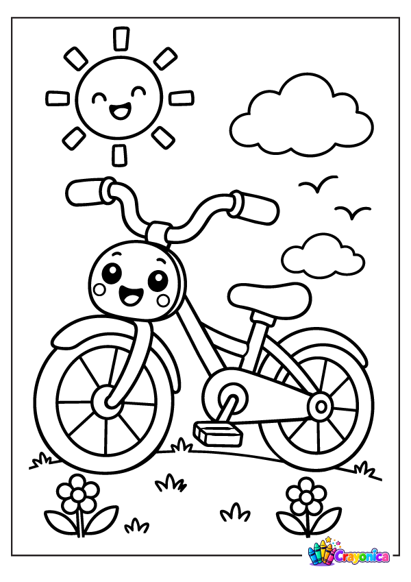 Cute bicycle with a smiling face, flowers, clouds, and sun coloring page for kids