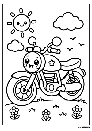 Cute Motorcycle Coloring Page with a smiling motorcycle character and cheerful transportation-themed scene