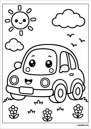 Cute Car Coloring Page with a smiling car character and cheerful transportation-themed scene
