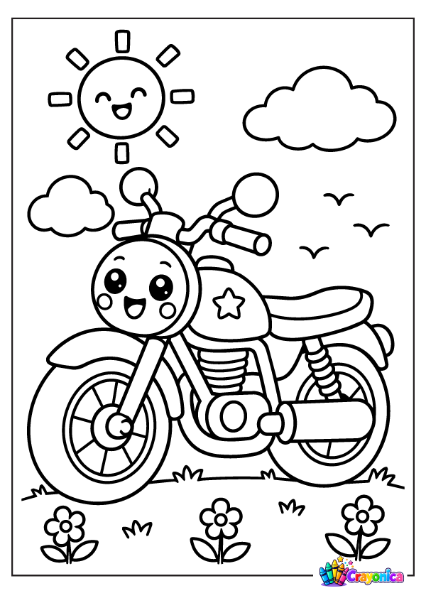Cute motorcycle with a smiling face, clouds, sun, and flowers coloring page for kids