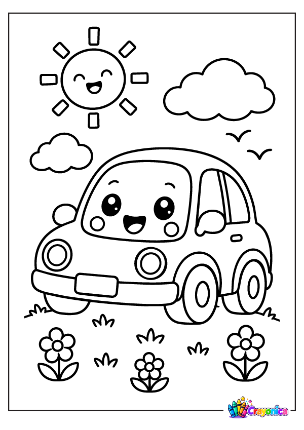 Cute car with a smiling face, flowers, clouds, and sun coloring page for kids